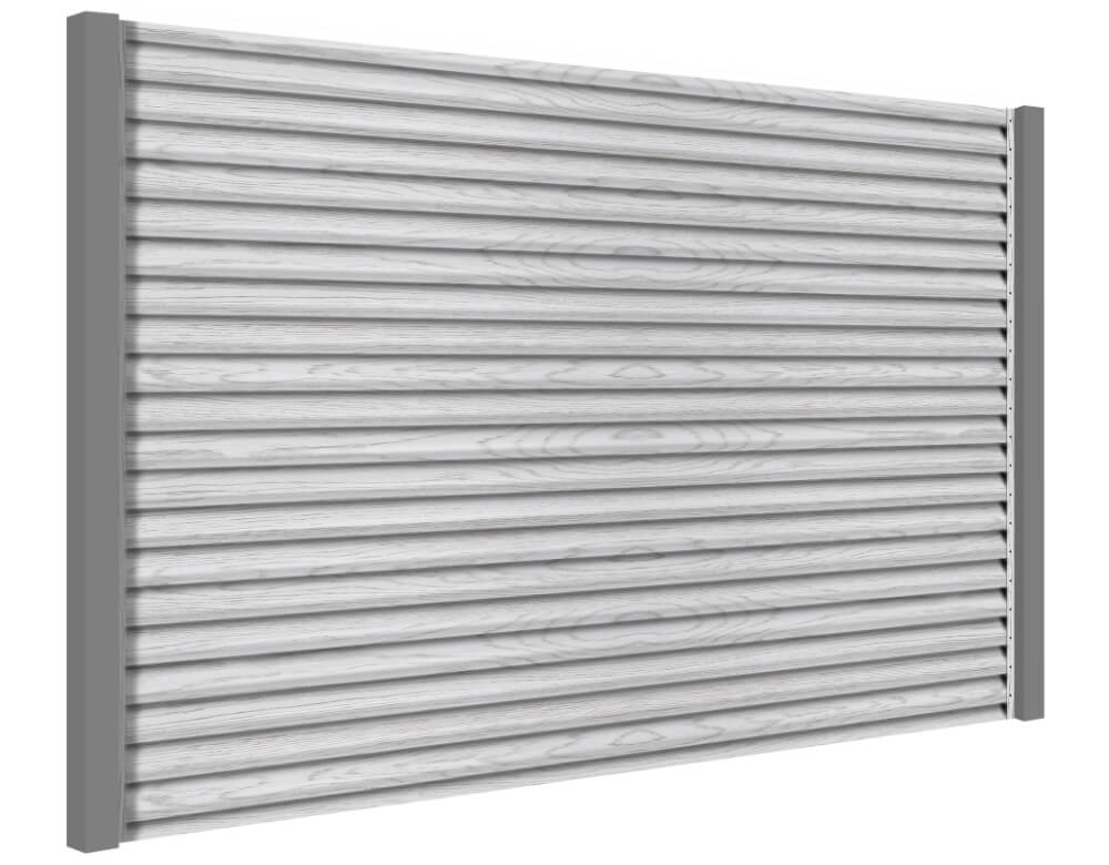 Секция из ламелей Еврожалюзи для заборов типа жалюзи цвет Printech под дерево Беленый Дуб двусторонний с металлическими столбами