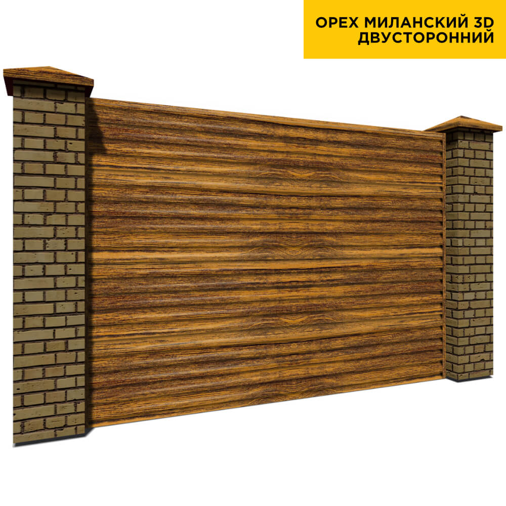 Секция забора жалюзи из ламелей еврожалюзи Орех Миланский Принтек с кирпичными столбами двусторонний