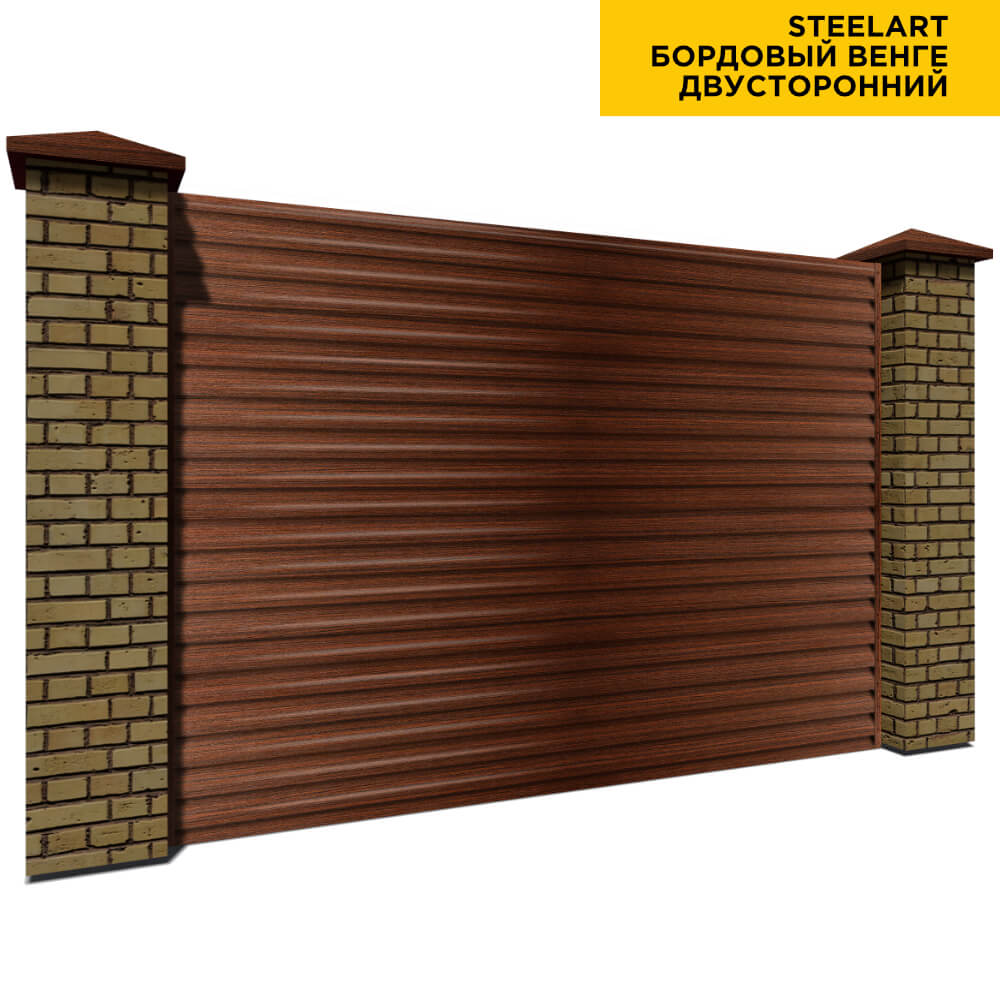 Секция забора жалюзи из ламелей еврожалюзи Бордовый Венге SteelArt с кирпичными столбами двусторонний