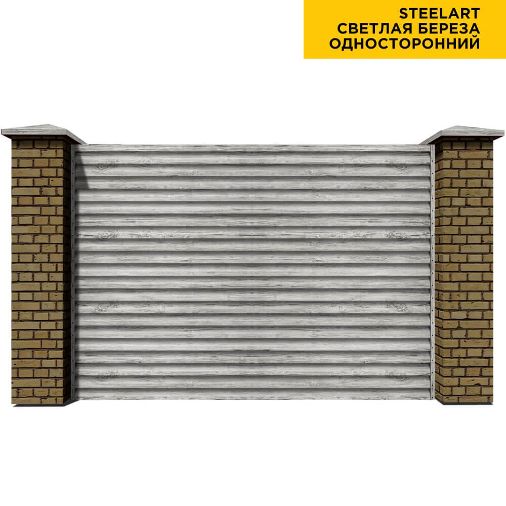 Секция забора жалюзи из ламелей еврожалюзи Светлая Береза односторонний с кирпичными столбами