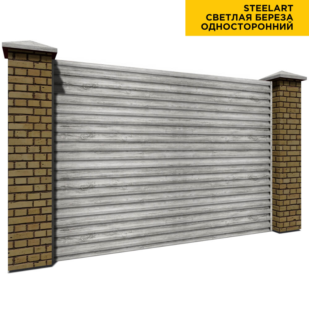 Секция забора жалюзи из ламелей еврожалюзи Светлая Береза SteelArt с кирпичными столбами односторонняя