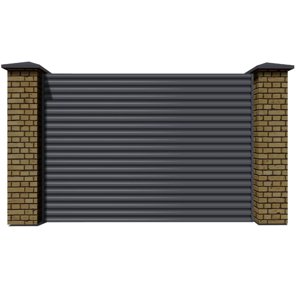Секция забора жалюзи RAL7024/7024 Серый Графит 2-х сторонняя с кирпичными столбами анфас