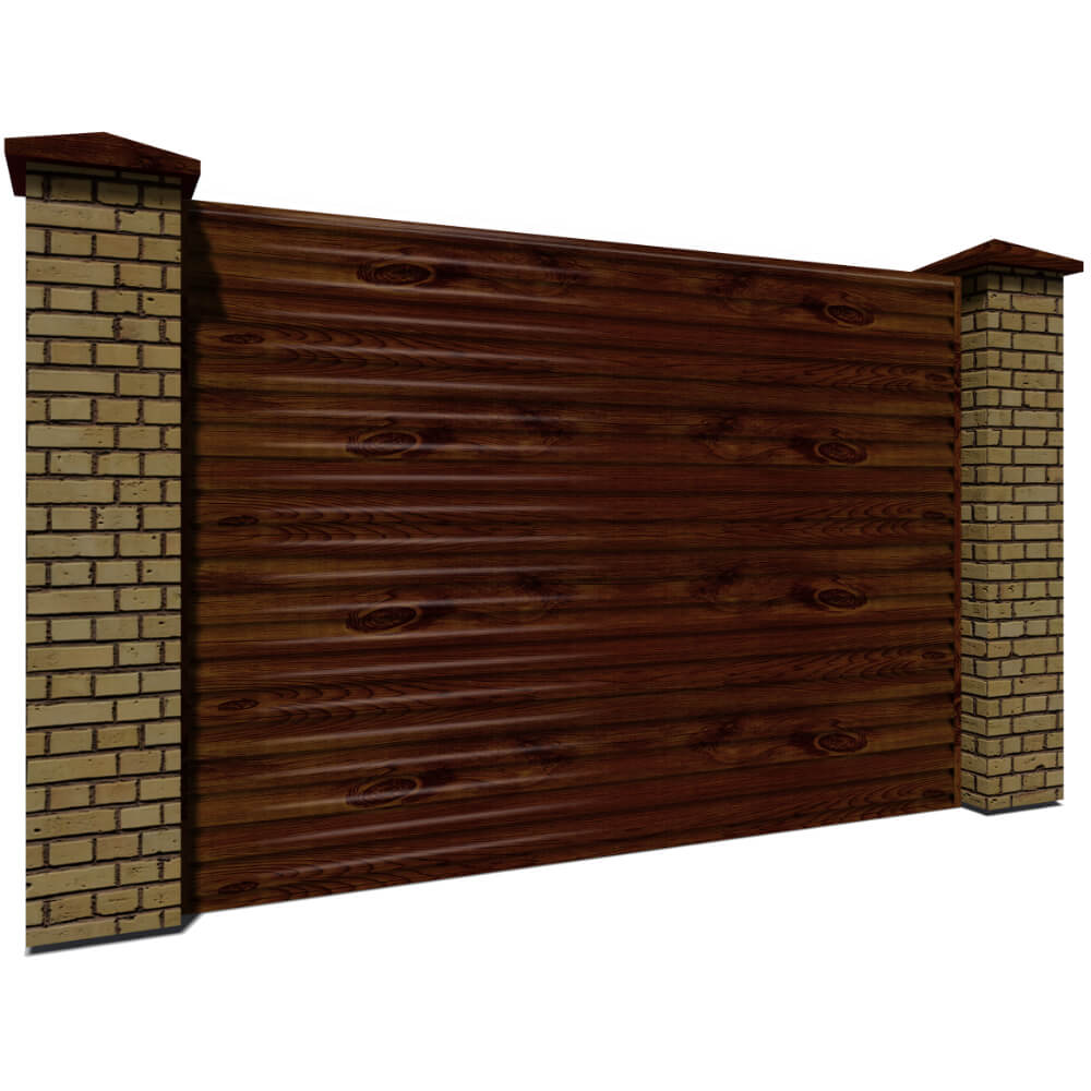 Секция забора жалюзи из ламелей еврожалюзи под дерево Каштан с кирпичными столбами