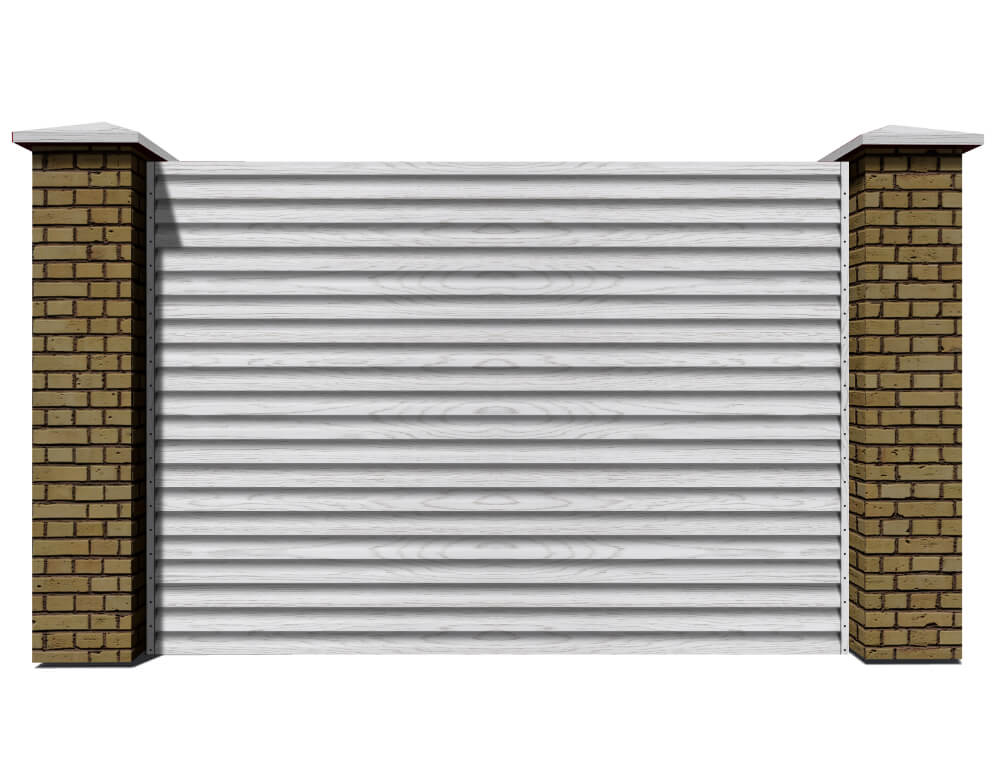 Секция из ламелей Еврожалюзи для заборов типа жалюзи цвет Printech под дерево Беленый Дуб двусторонний с кирпичными столбами анфас