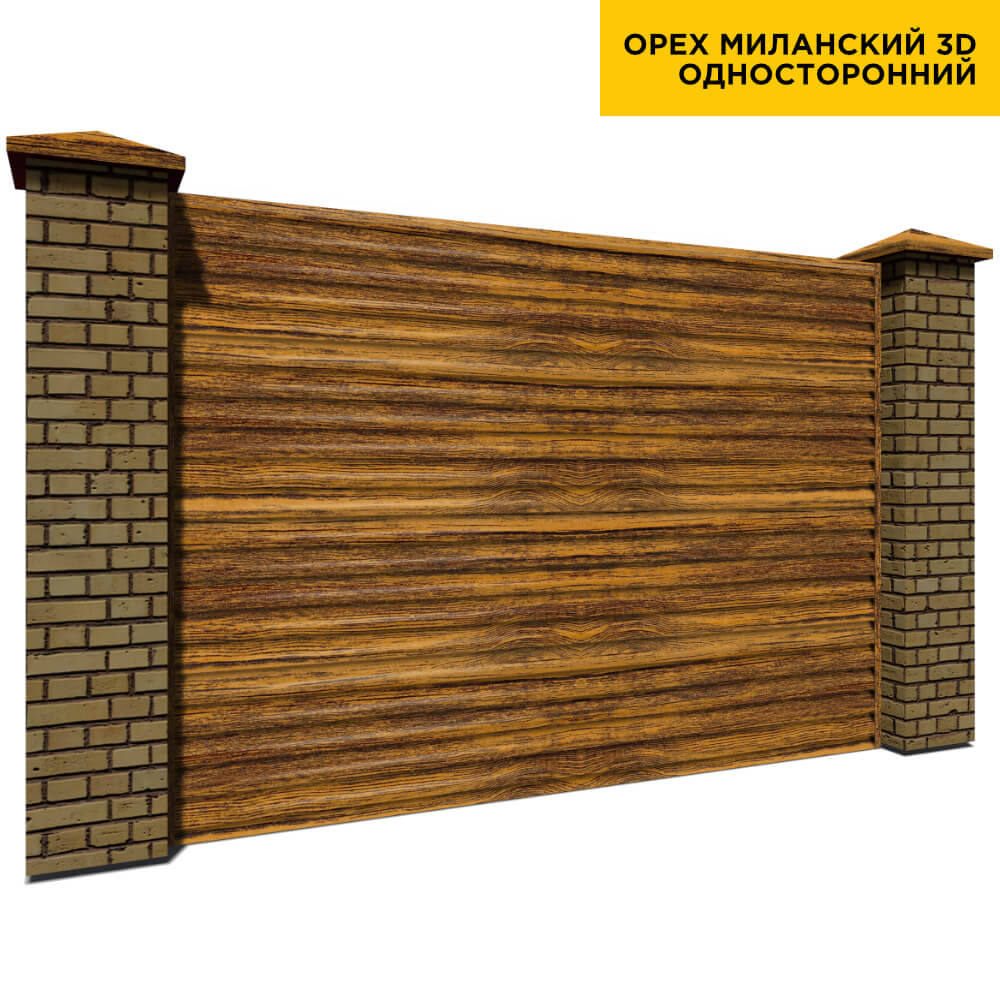 Секция забора жалюзи из ламелей еврожалюзи Орех Миланский Принтек с кирпичными столбами односторонний