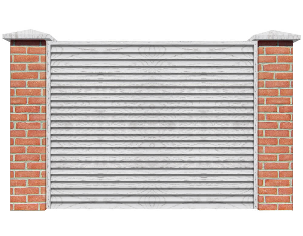 Секция забора жалюзи из ламелей Жалюзи ЭКО-Z Беленый Дуб Printech Корея с кирпичными столбами анфас