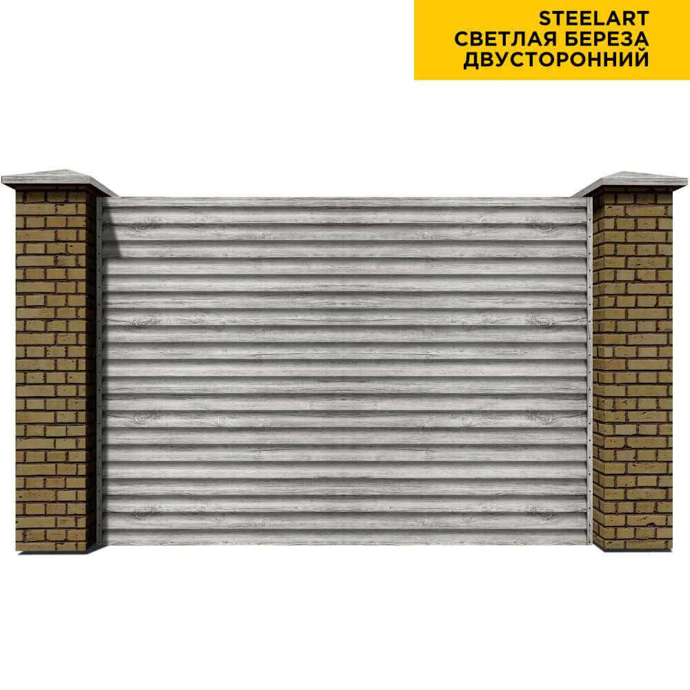 Секция забора жалюзи из ламелей еврожалюзи Светлая Береза двухсторонний с кирпичными столбами
