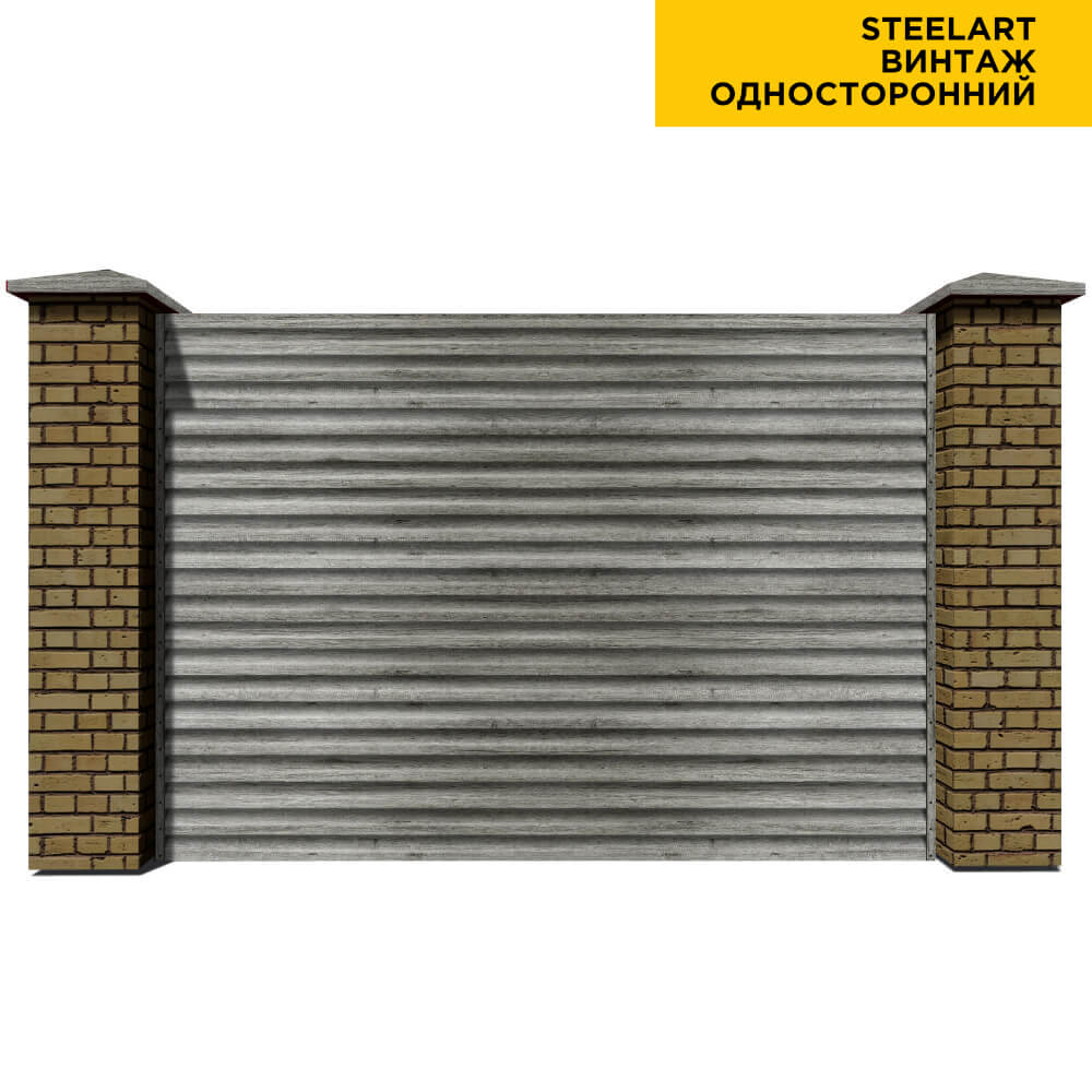 Секция забора жалюзи из ламелей еврожалюзи Винтаж SteelArt с кирпичными столбами анфас односторонняя