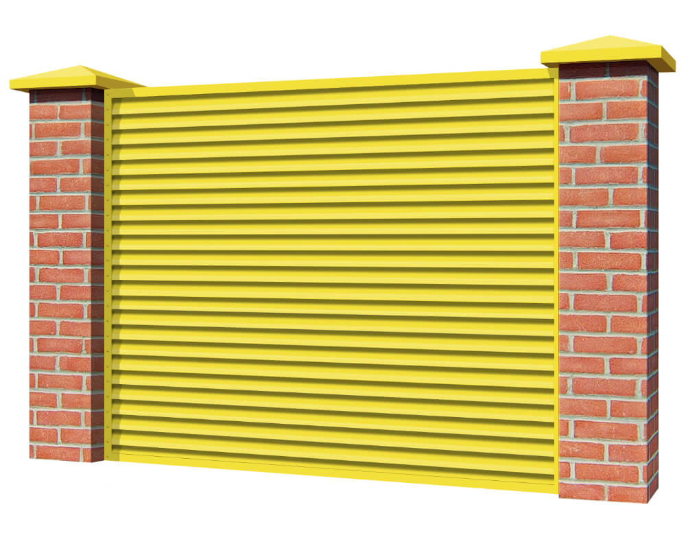 Секция забора жалюзи из ламелей Жалюзи ЭКО-Z RAL1018 Желтый с кирпичными столбами