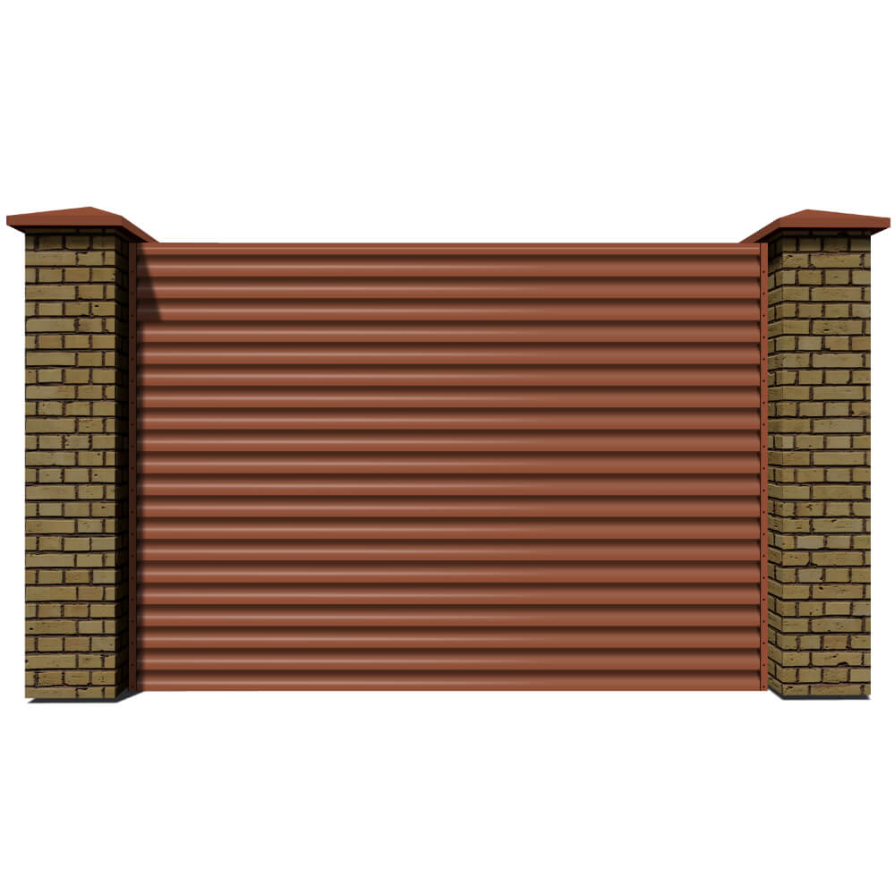 Секция забора жалюзи из ламелей еврожалюзи RAL8004 Терракотовый с кирпичными столбами анфас