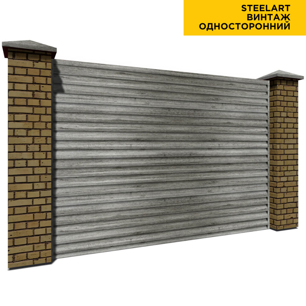 Секция забора жалюзи из ламелей еврожалюзи под дерево Винтаж SteelArt с кирпичными столбами односторонняя