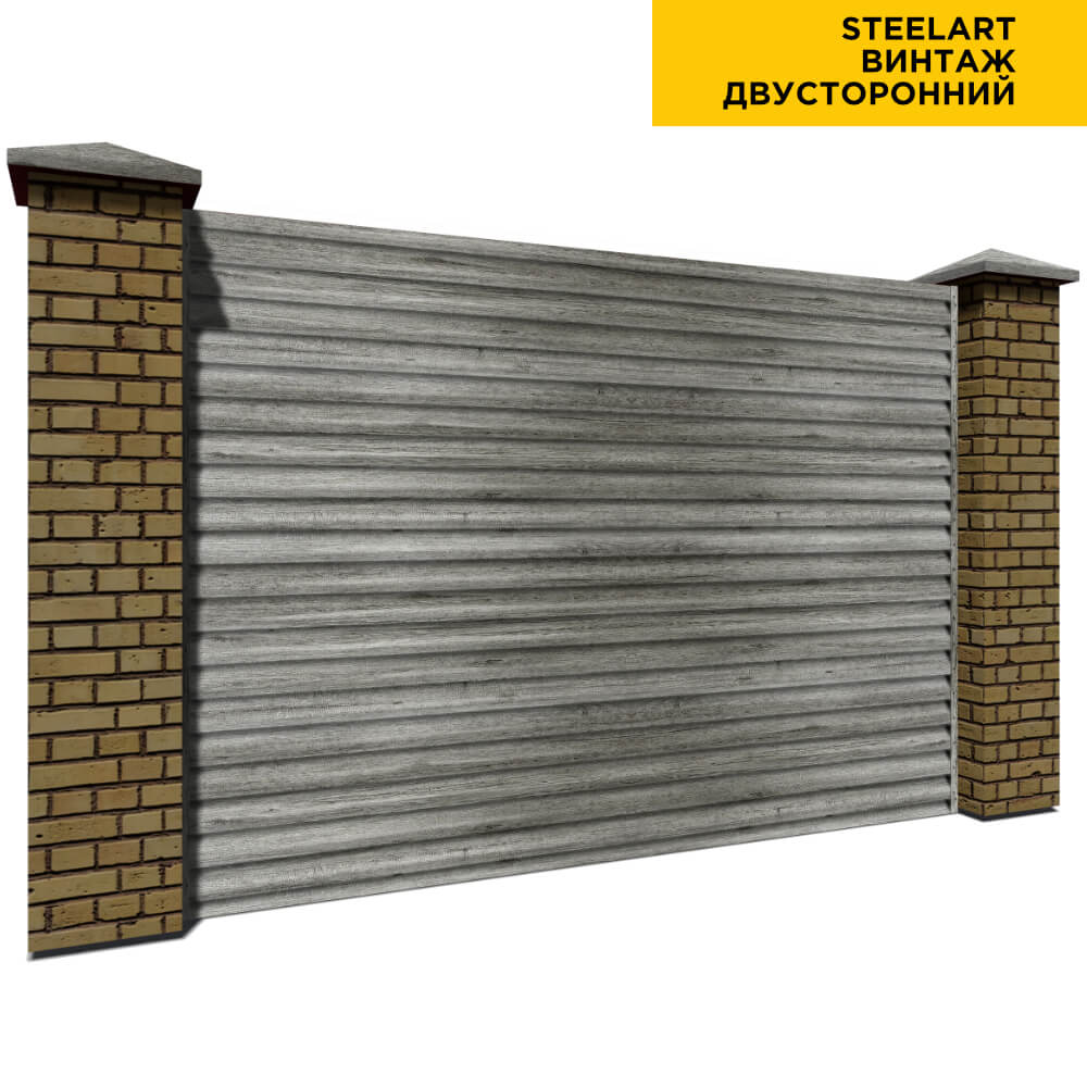 Секция забора жалюзи из ламелей еврожалюзи под дерево Винтаж SteelArt с кирпичными столбами двусторонняя