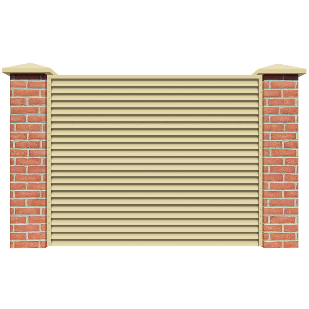 Секция забора жалюзи из ламелей Жалюзи ЭКО-Z RAL1014 Бежевый с кирпичными столбами анфас