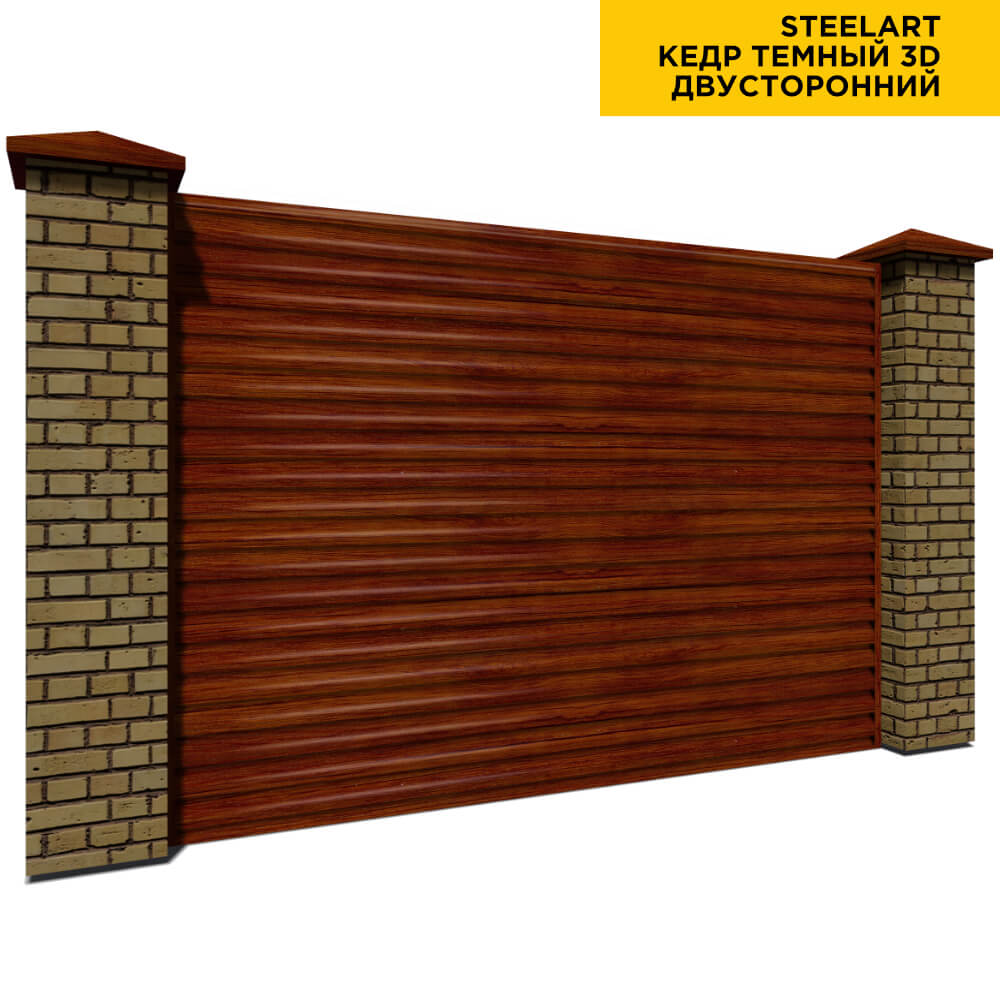 Секция забора жалюзи из ламелей еврожалюзи Кедр Темный 3D SteelArt с кирпичными столбами двусторонний