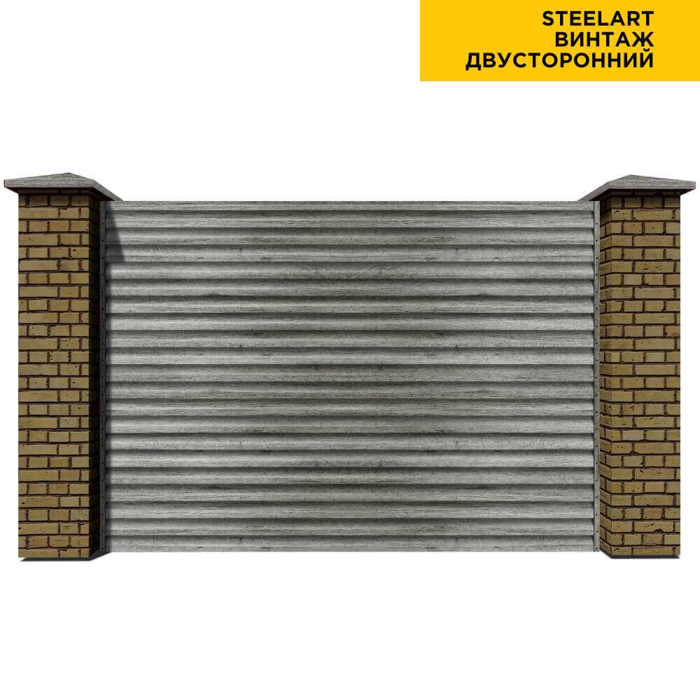 Секция забора жалюзи из ламелей еврожалюзи Винтаж SteelArt с кирпичными столбами анфас двусторонняя