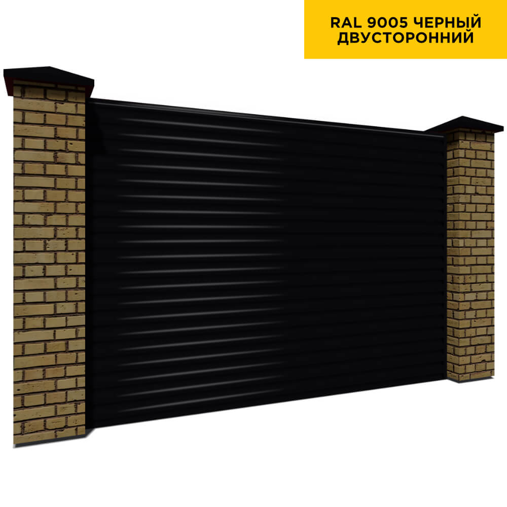 Секция забора жалюзи из ламелей еврожалюзи RAL9005 Черный с кирпичными столбами двусторонний