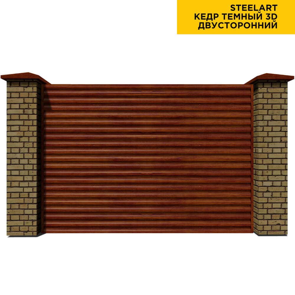 Секция забора жалюзи из ламелей еврожалюзи Кедр Темный 3D SteelArt с кирпичными столбами анфас двусторонний