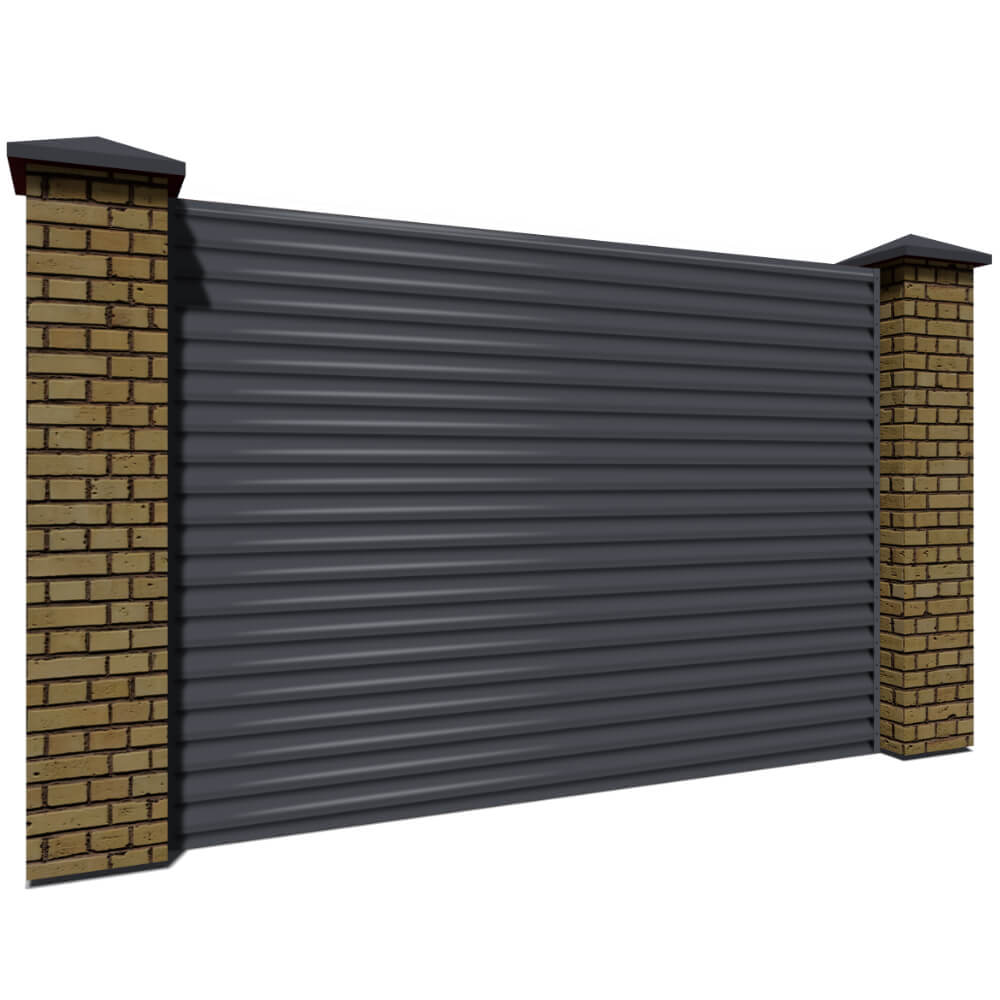 Секция забора жалюзи из ламелей еврожалюзи RAL7024 Серый Графит / серая полиэфирная эмаль с кирпичными столбами