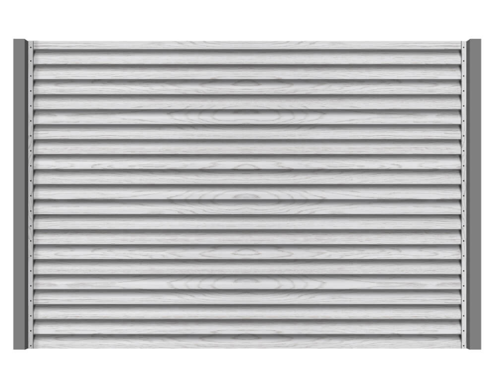 Секция из ламелей Еврожалюзи для заборов типа жалюзи цвет Printech под дерево Беленый Дуб двусторонний с металлическими столбами анфас