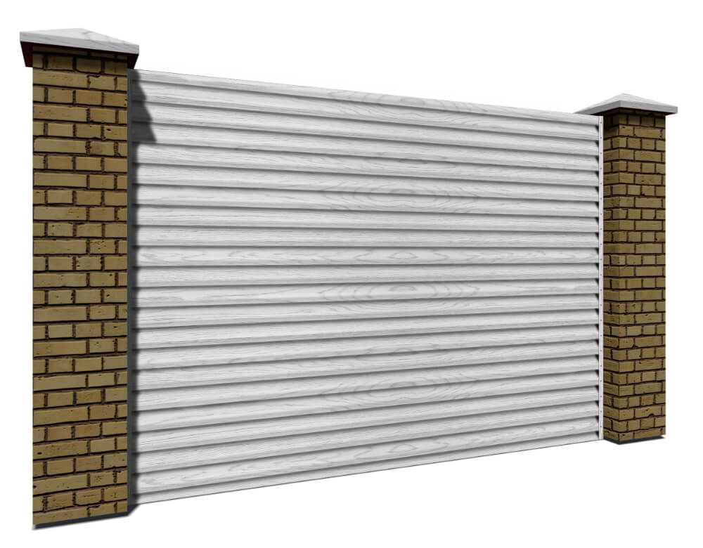 Секция из ламелей Еврожалюзи для заборов типа жалюзи цвет Printech под дерево Беленый Дуб двусторонний с кирпичными столбами