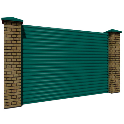 Секция забора жалюзи из ламелей еврожалюзи RAL6026 Опал с кирпичными столбами